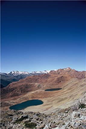 Jewel coloured tarns on the Red Hills range